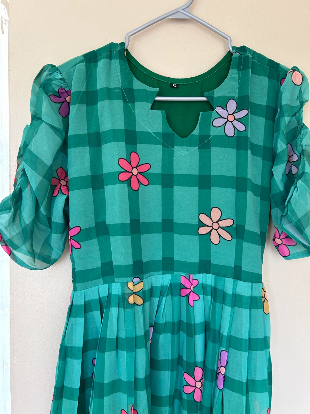 Green Plaid Midi Dress with Floral Details - photo 2