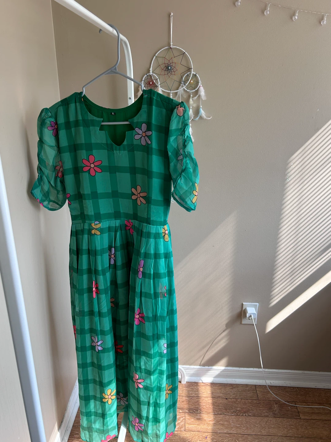 Green Plaid Midi Dress with Floral Details - photo 3