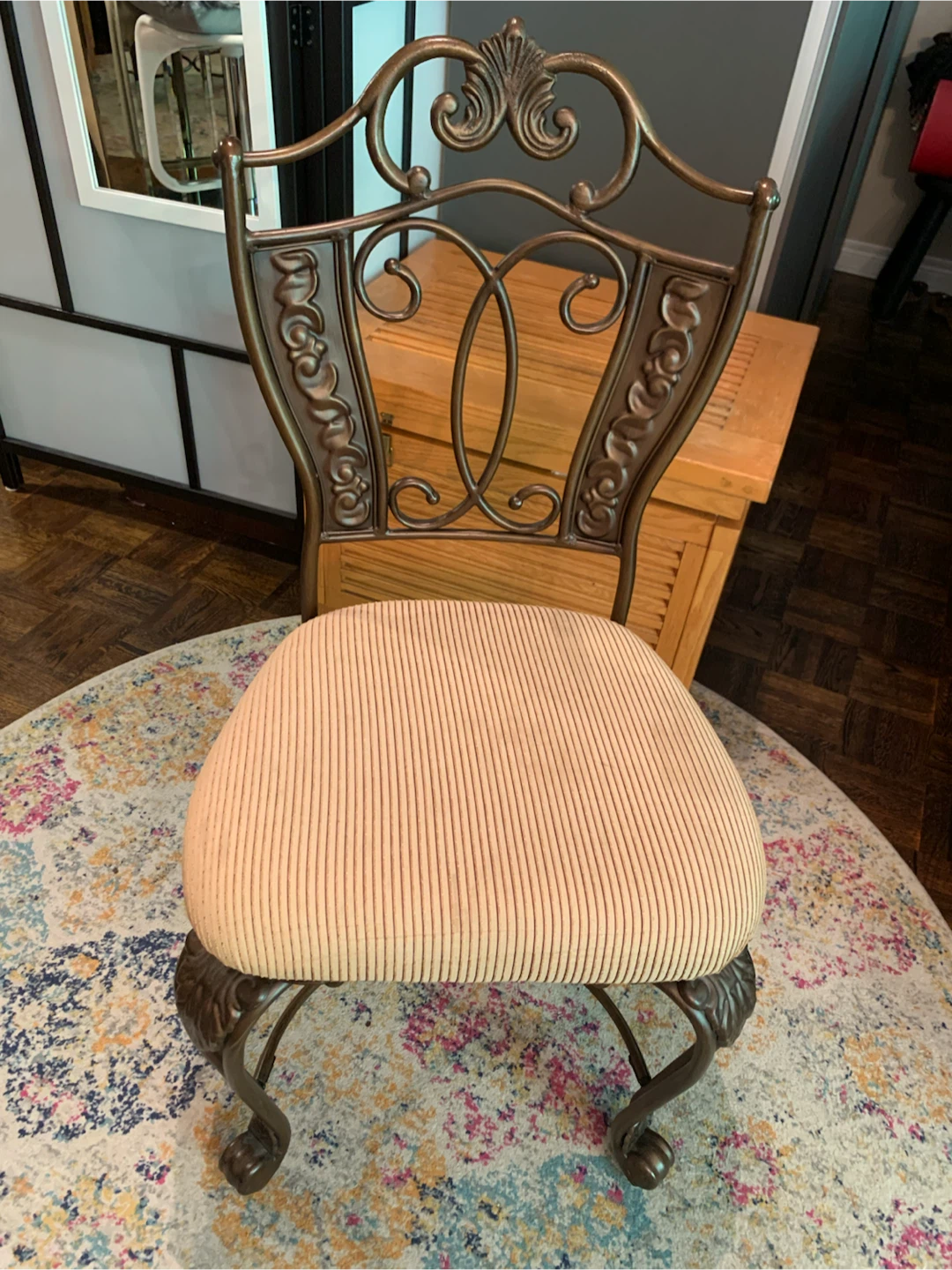 Ornate Heavy Metal Dining Chair with Striped Padded Seat
