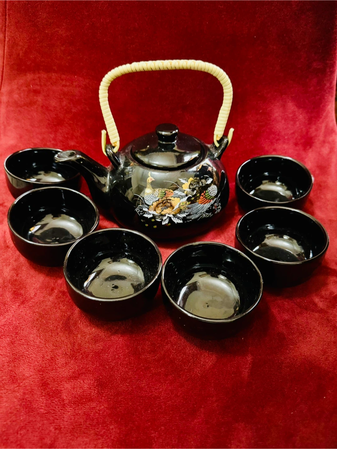 Black Teapot and Cups Set with Dragon Design