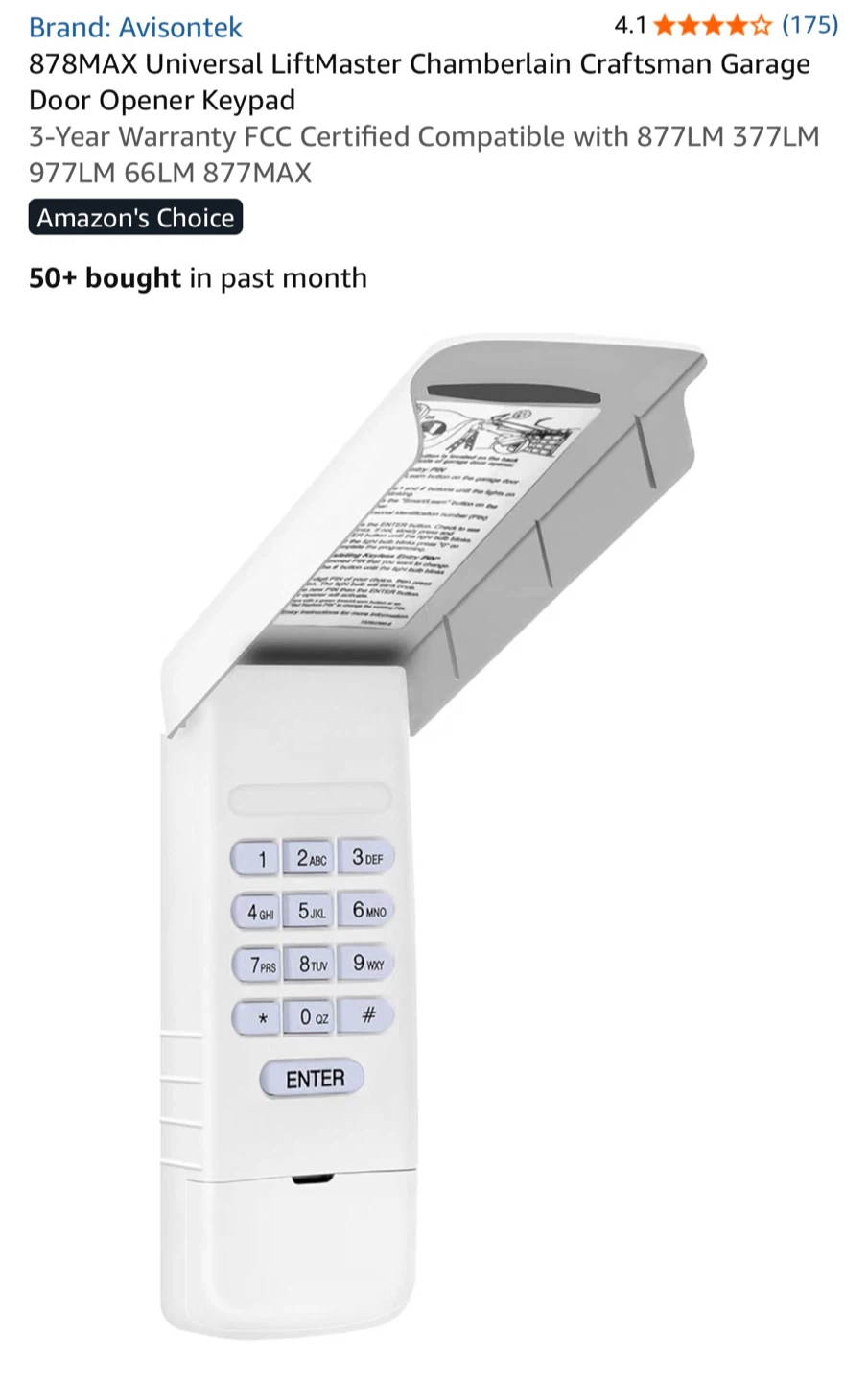 Avisontek 878MAX Universal Garage Door Opener Keypad