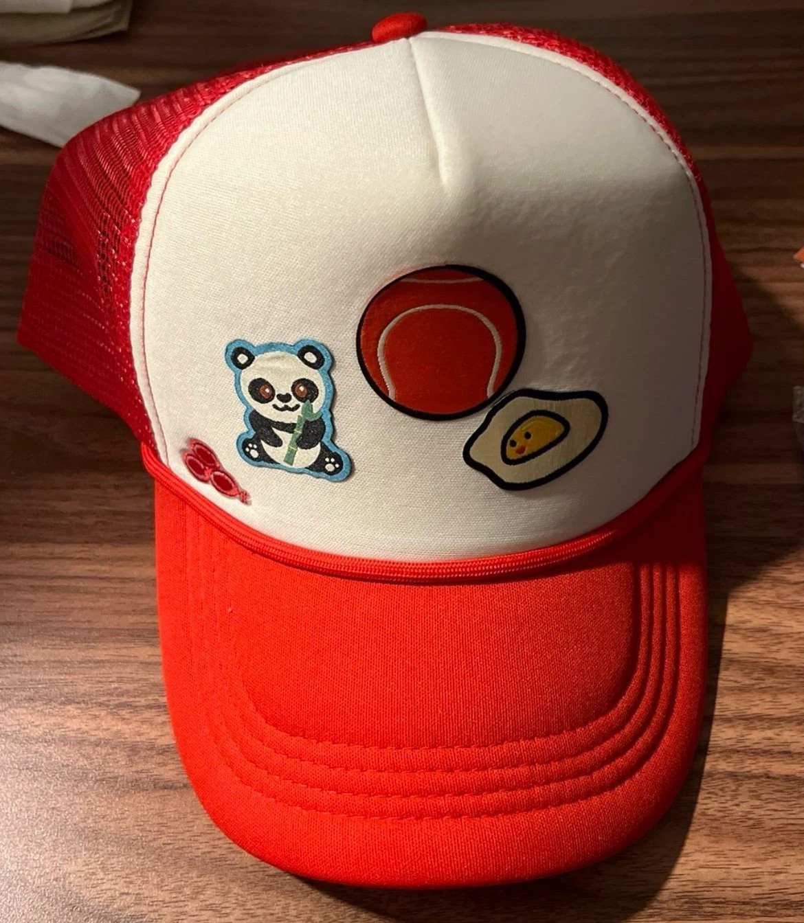 Red and White Trucker Hat with Cute Patches