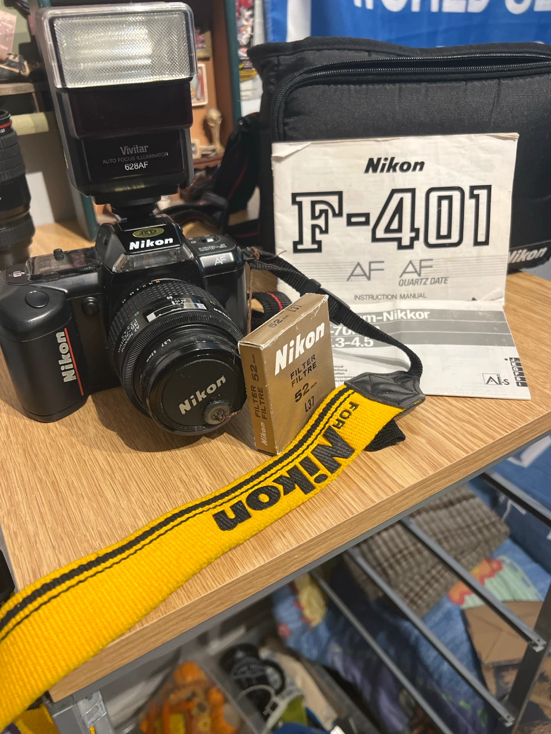 Nikon F-401 SLR Camera with Vivitar Flash and Accessories