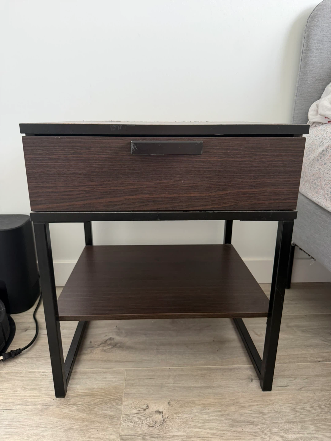 Dark Wood Nightstand with Drawer and Shelf