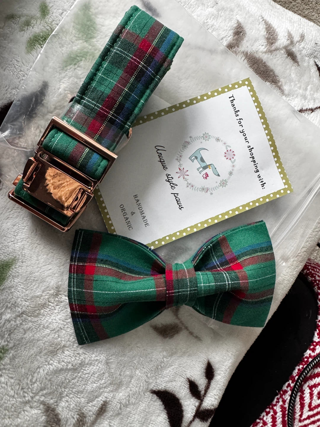 Green Plaid Dog Collar and Bowtie Set Large