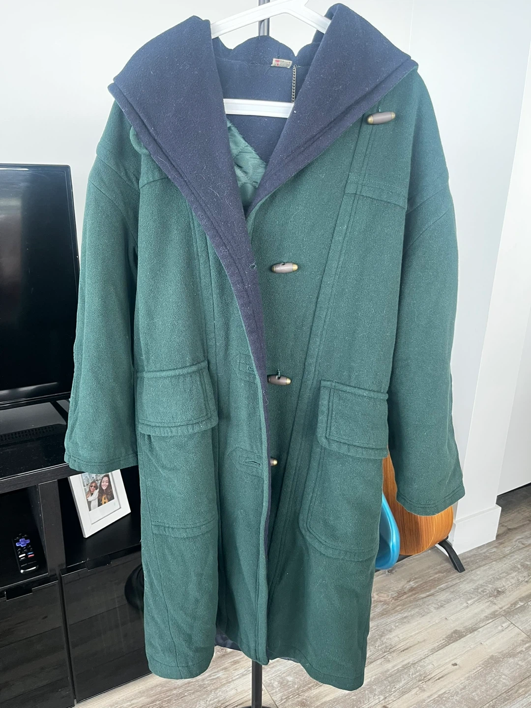 Green Wool Blend Duffle Coat with Hood