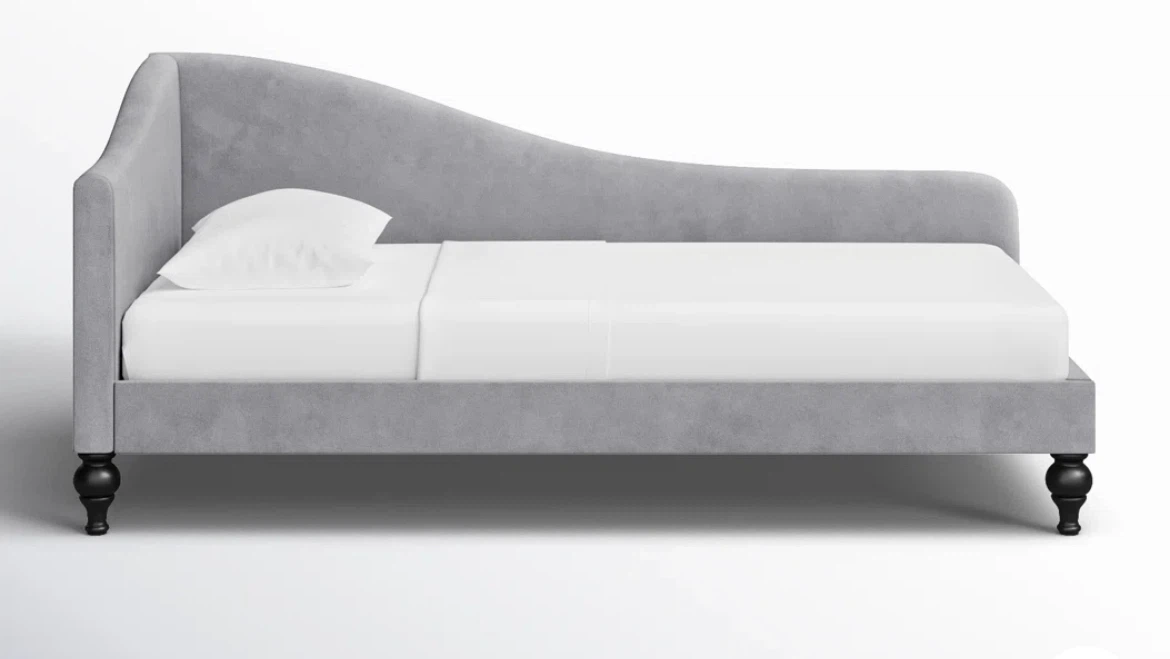 Grey Velvet Chaise Lounge Daybed, mattress and bedding