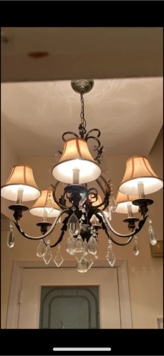Six light crystal chandelier with beige shades