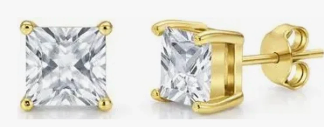 Gold Princess Cut Stud Earrings