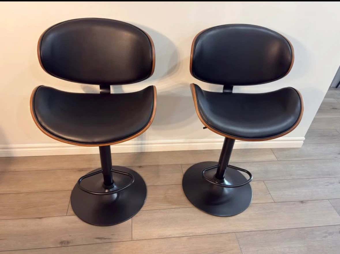 Set of 2 Adjustable Bar Stools - Black Faux Leather & Wood