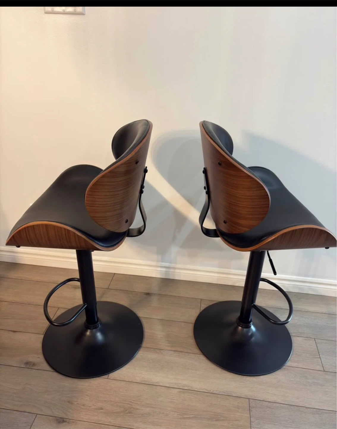 Set of 2 Adjustable Bar Stools - Black Faux Leather & Wood - photo 2