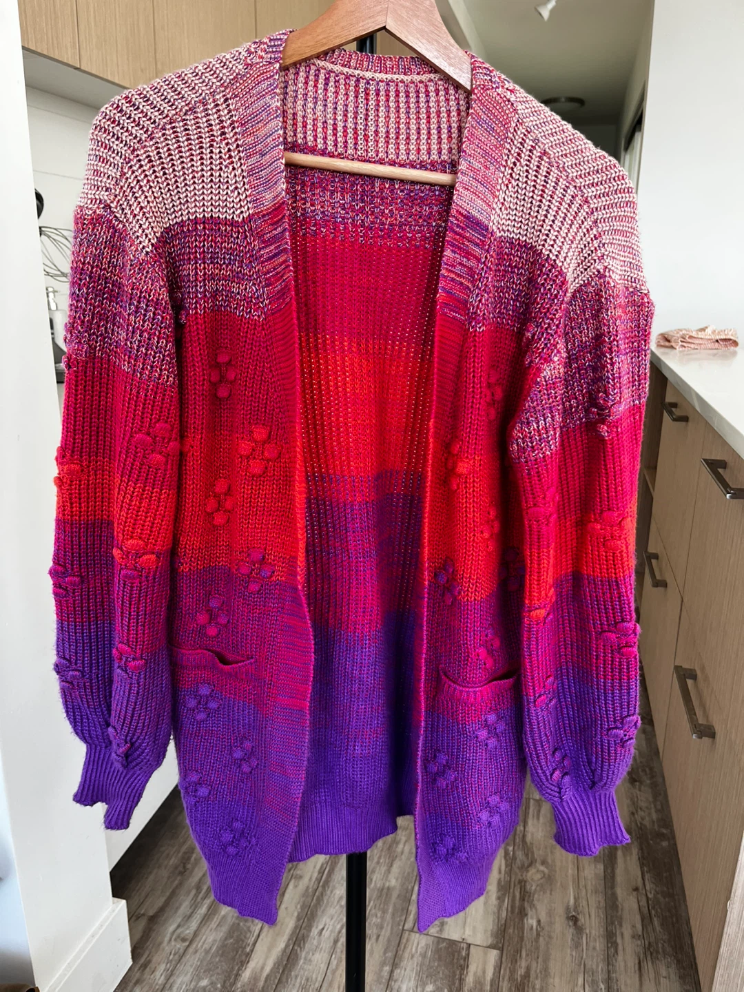 Colourful Ombre Knit Cardigan with Pom Detail