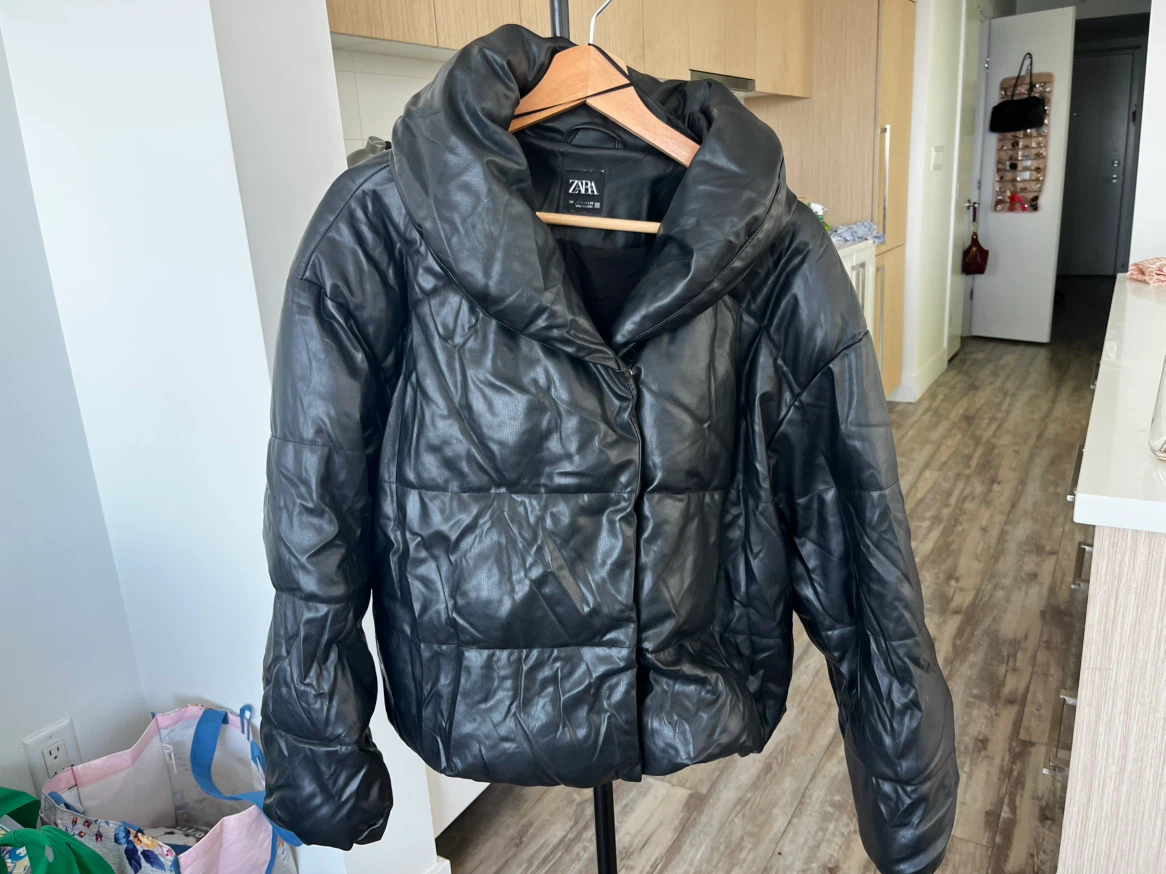 ZARA Black Faux Leather Puffer Jacket