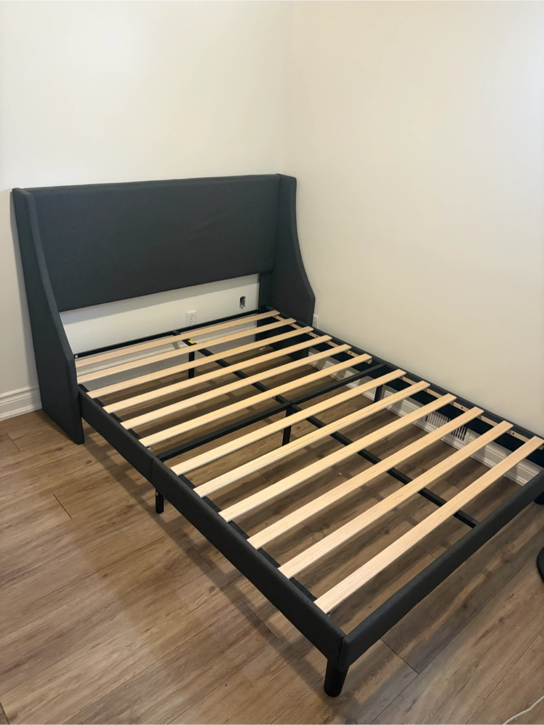 (Queen) Dark Grey Upholstered Bed Frame with Wingback Headboard - photo 2