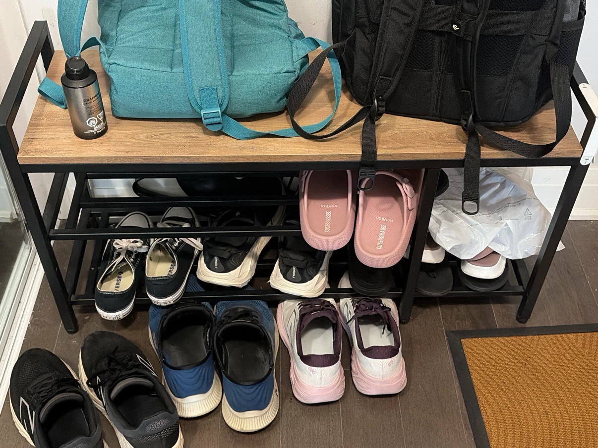 Black Metal and Wood Shoe Rack Bench