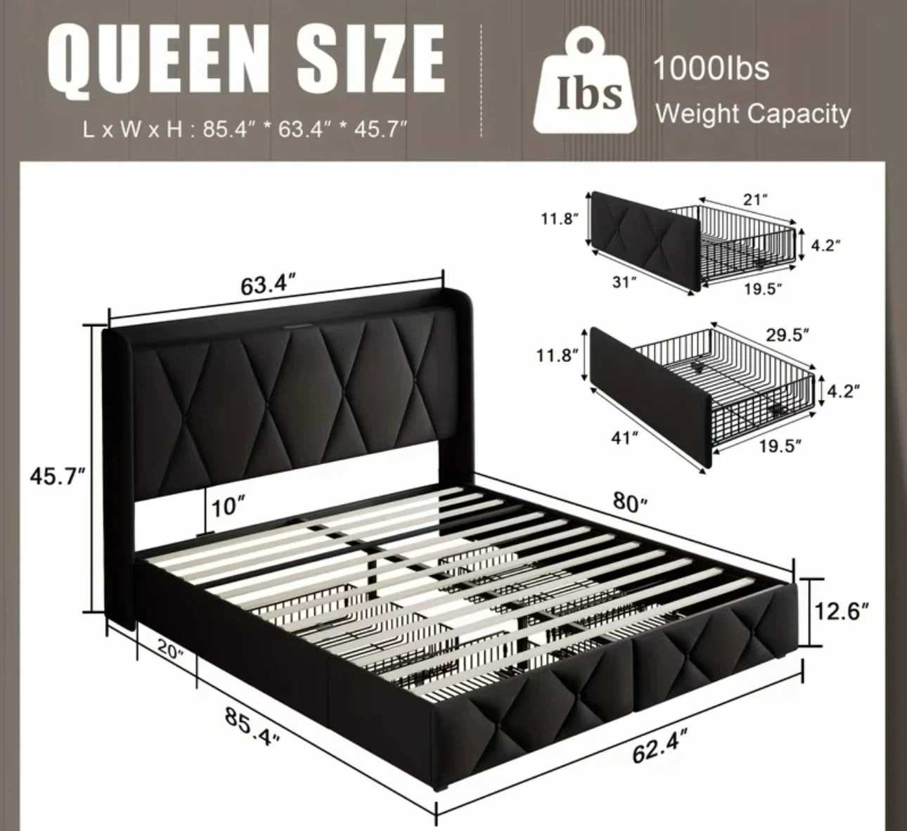 Bed frame with storage and power + Queen size mattress