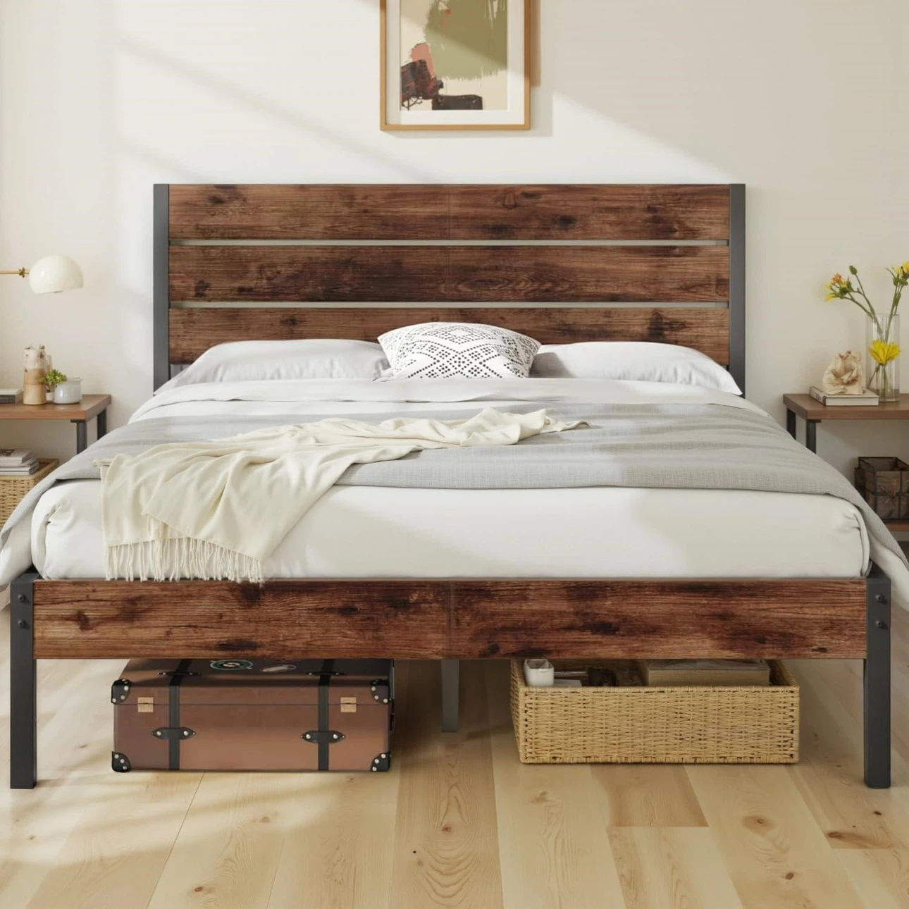 Queen Size Metal Bed Frame with Wood Headboard
