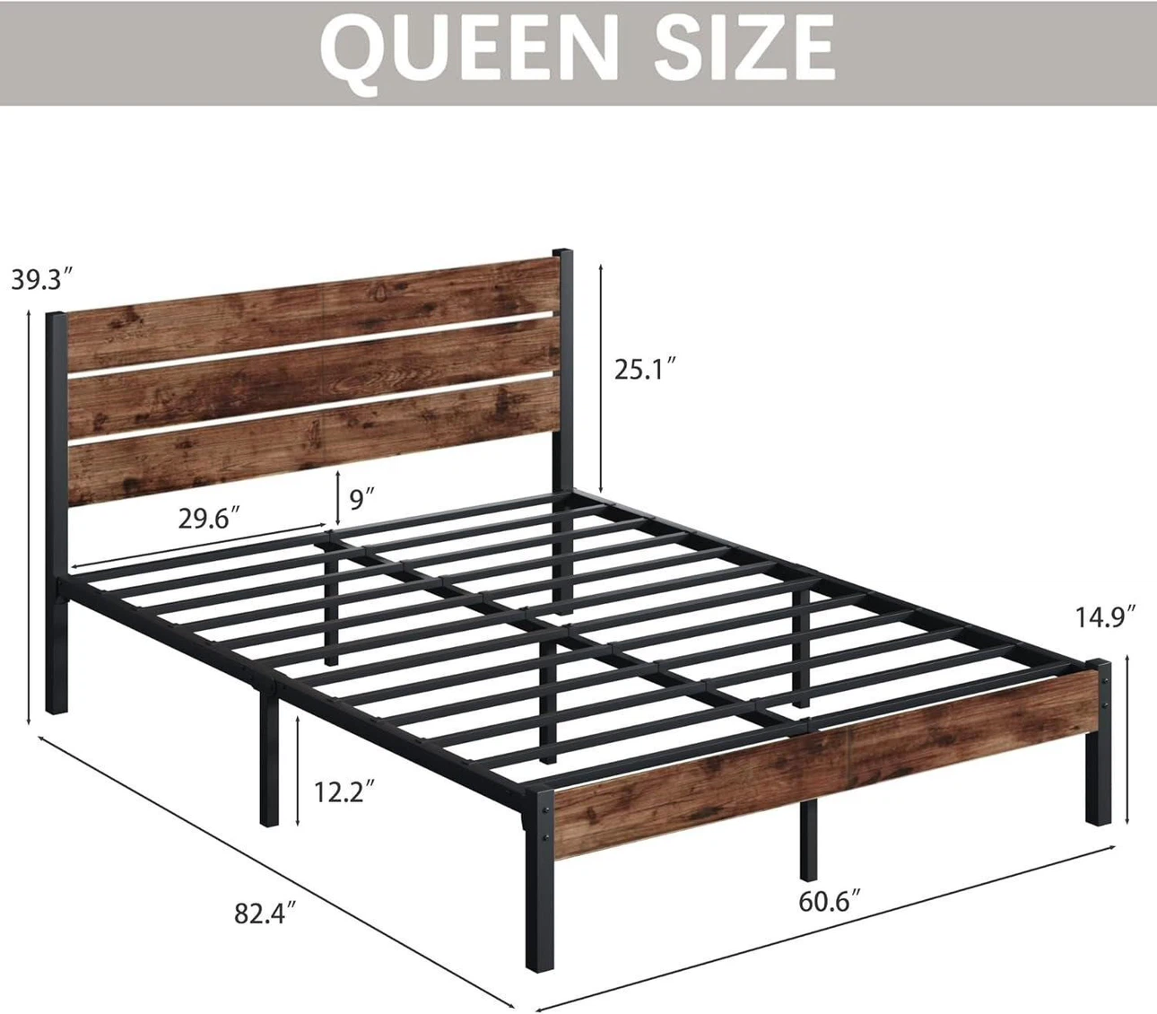 Queen Size Metal Bed Frame with Wood Headboard - photo 2