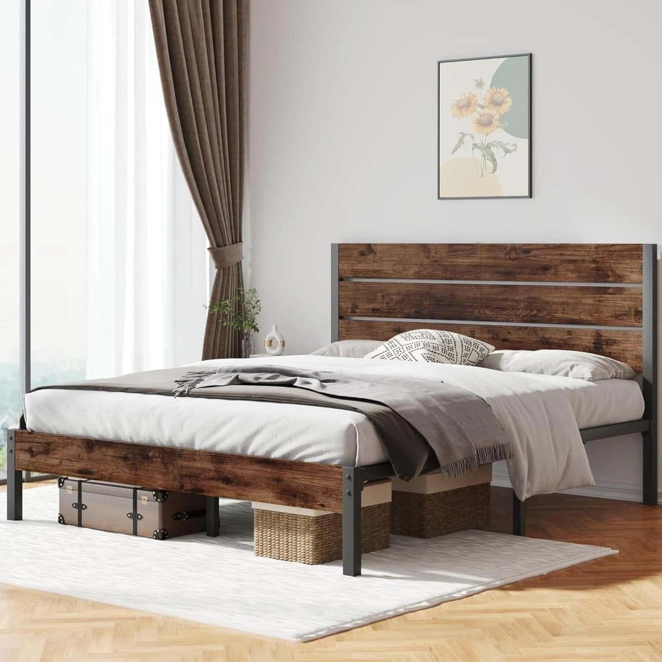Queen Size Metal Bed Frame with Wood Headboard - photo 3