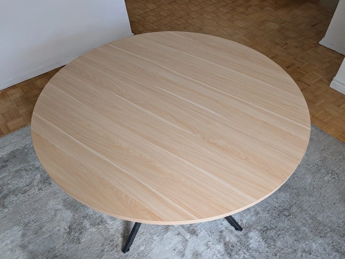 Round Oak Dining Table with Black Metal Base
