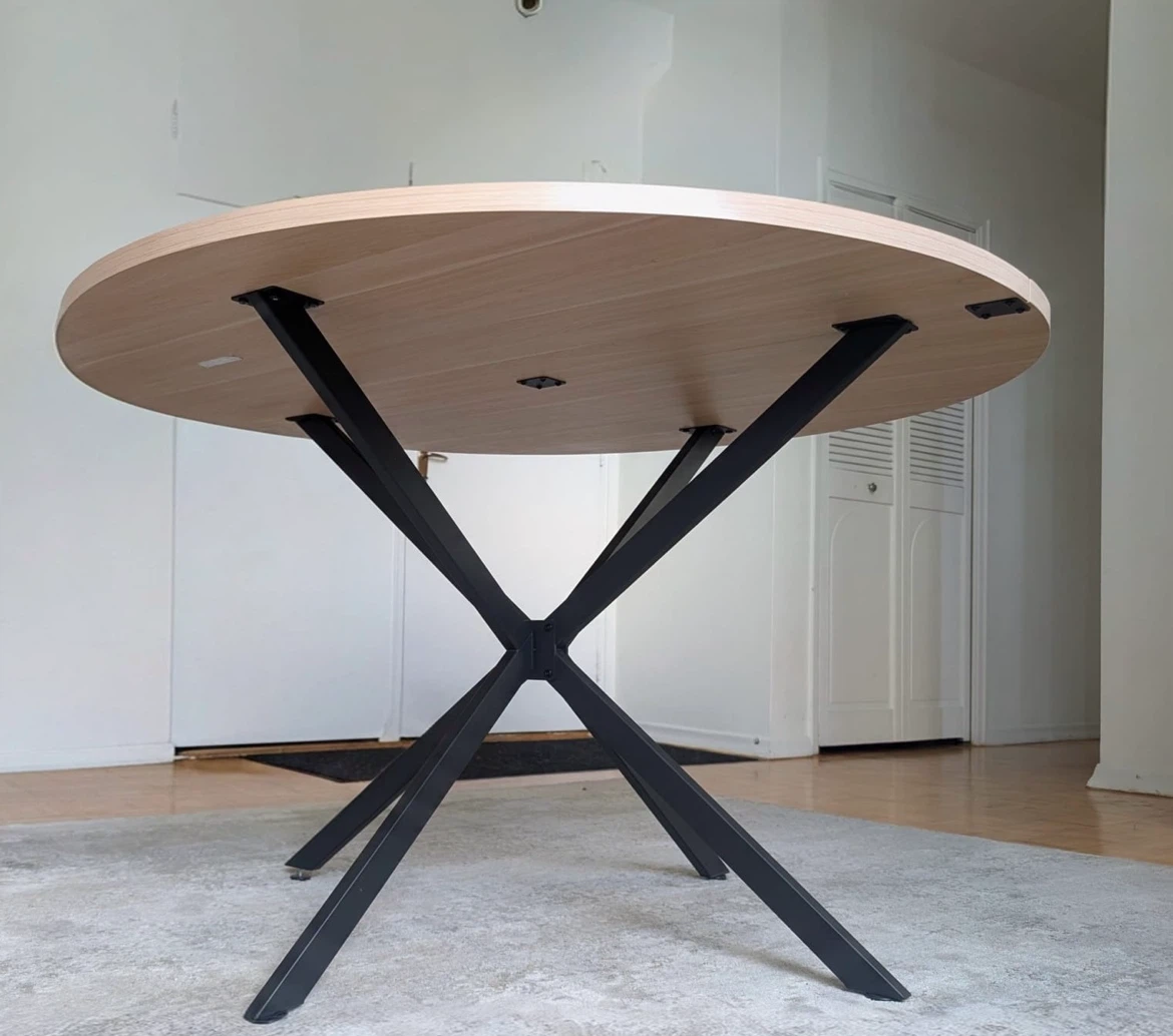 Round Oak Dining Table with Black Metal Base - photo 2