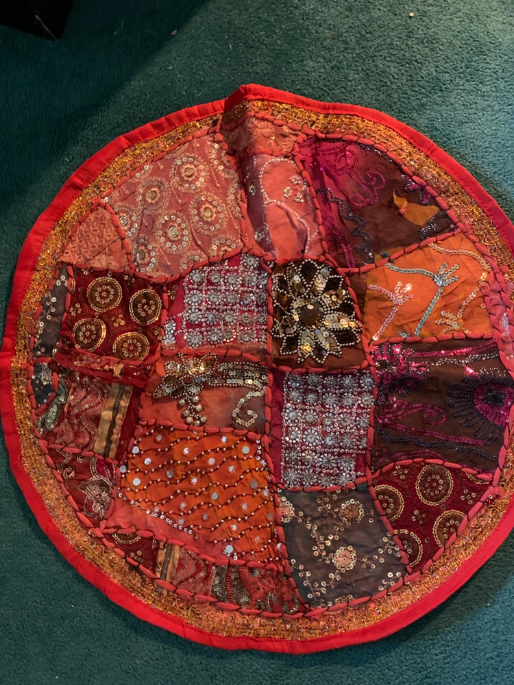 Red Patchwork Round Table Cover with Sequins