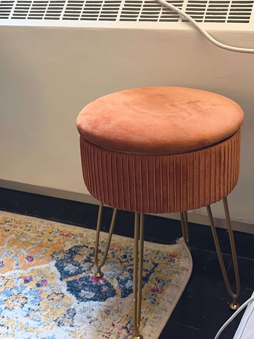 Orange Velvet Storage Ottoman with Gold Legs