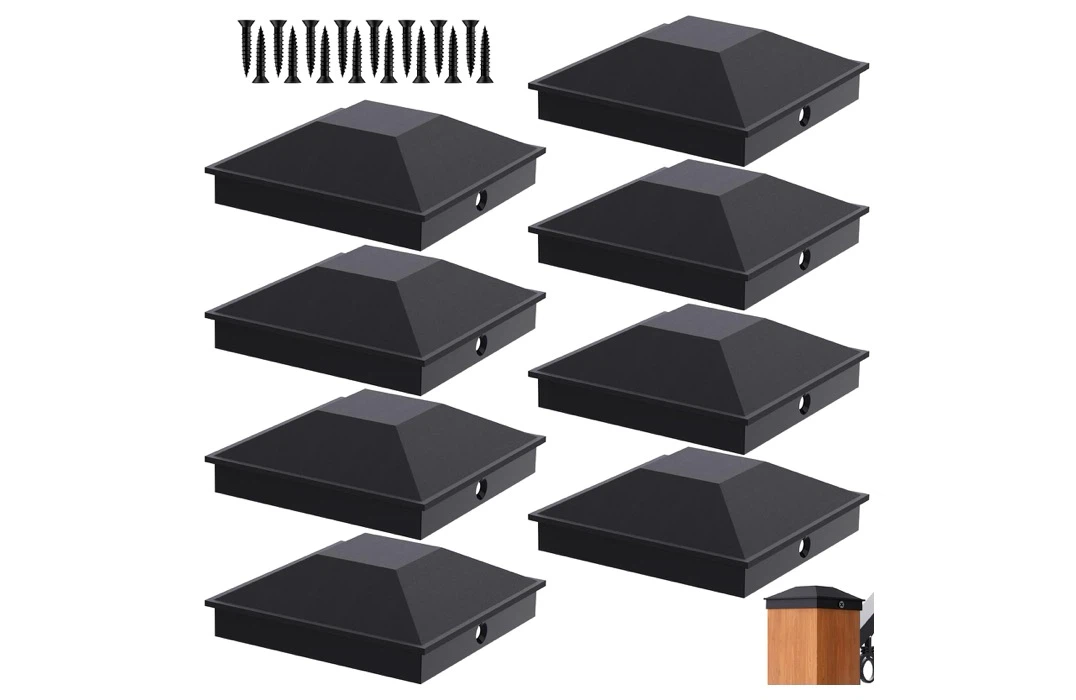 Black Fence Post Caps with Screws - Set of 8