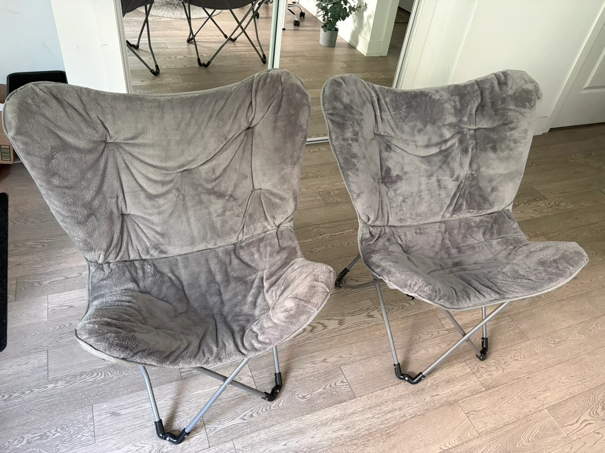 Grey Faux Fur Butterfly Chairs - Set of 2