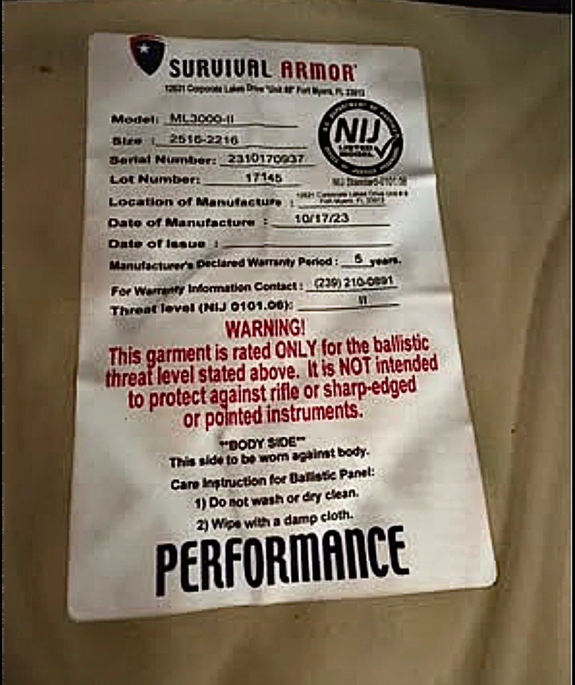 Survival Armor ML3000-II Ballistic Vest - Size: 2516-2216 - photo 3