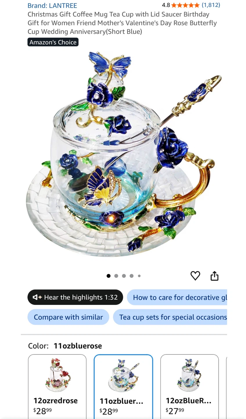 Butterfly Blue Rose Glass Mug with Lid and Spoon - photo 2