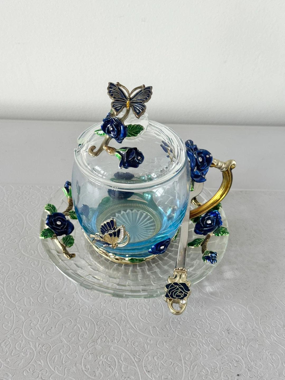 Butterfly Blue Rose Glass Mug with Lid and Spoon
