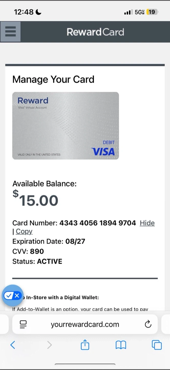 $15.00 Reward Visa Gift Card
