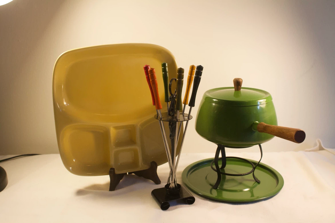 Green Fondue Set with Plate & Forks, Vintage