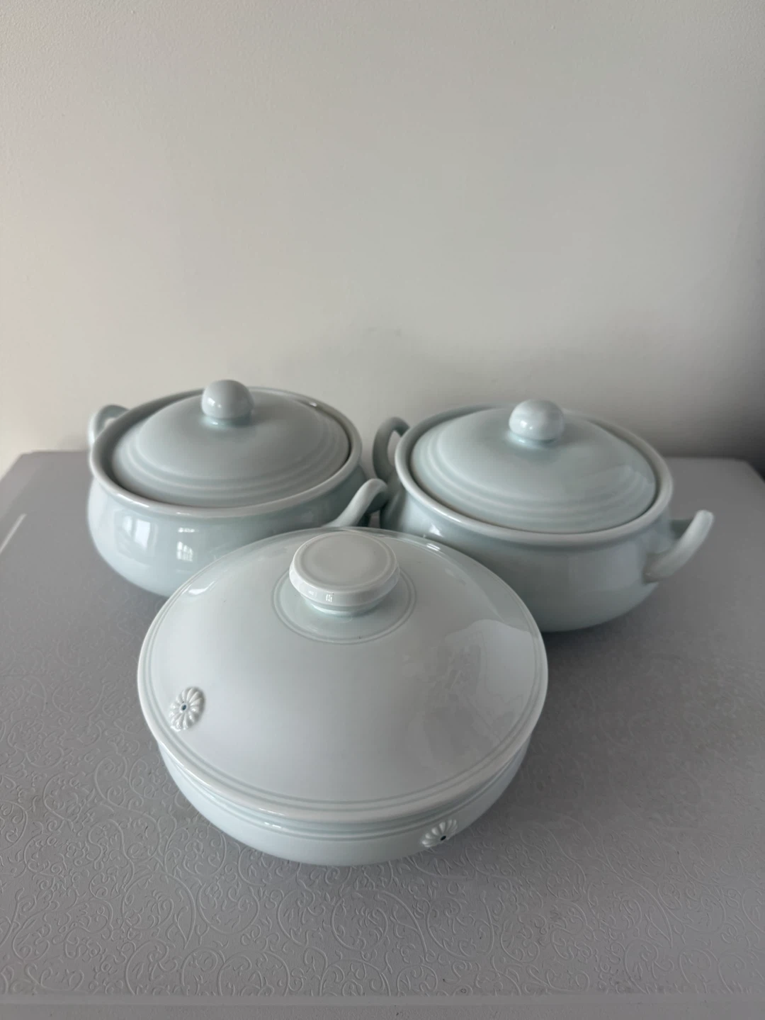 Light Blue Ceramic serving bowls with Lids