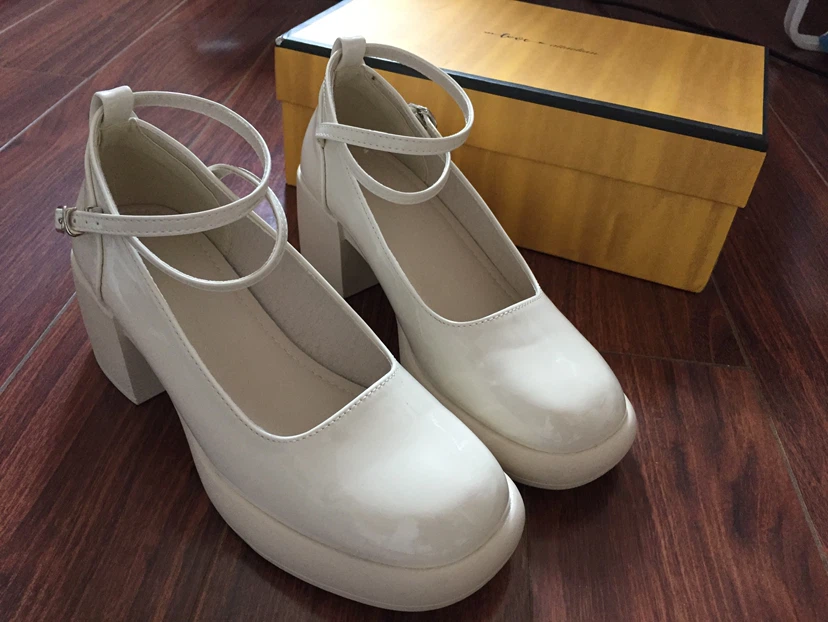 White Mary Jane Platform Block Heels Size 37