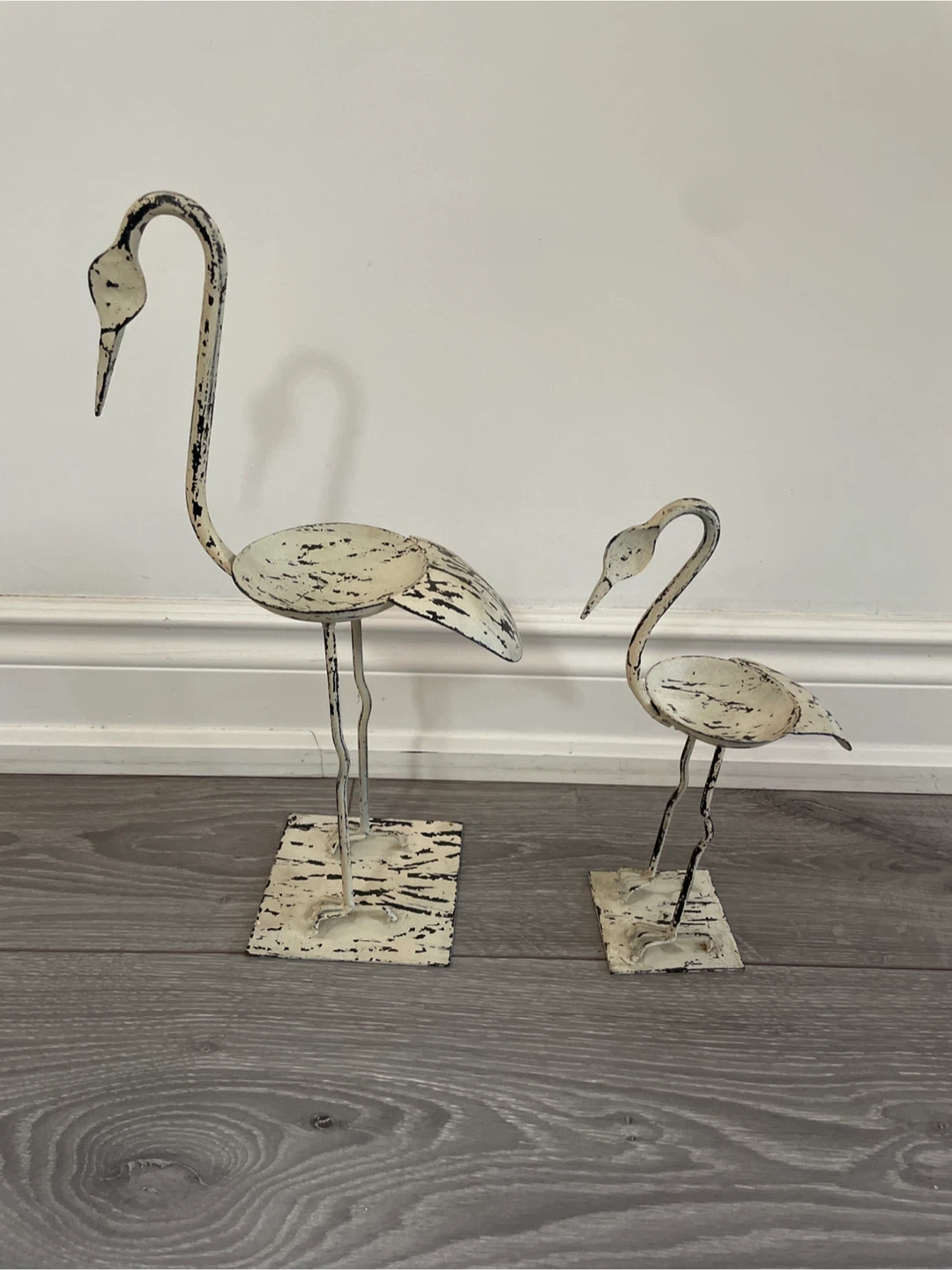 Distressed White Metal Crane Decor (Set of 2)