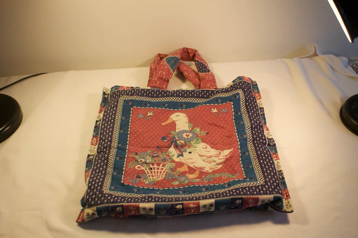 Adorable Patchwork Tote Bag with Vintage Decals