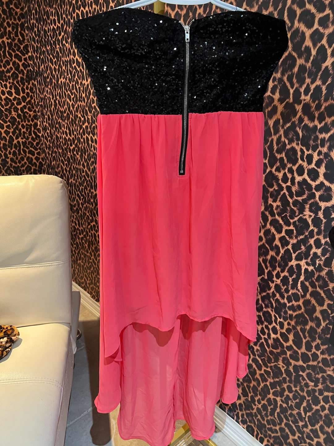 Fashion Nova Pink Sequin Strapless High-Low Dress