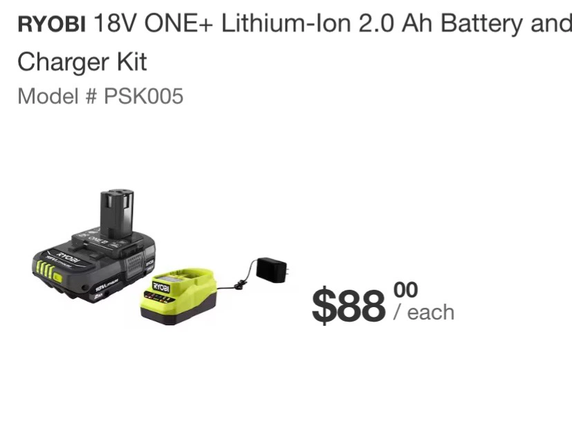 Ryobi 18V ONE+ Lithium-Ion 2.0 Ah Battery and Charger Kit