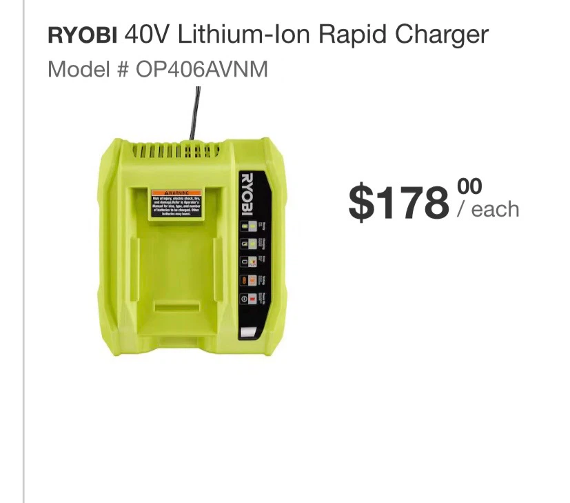 RYOBI 40V 6A Rapid Charger OP406