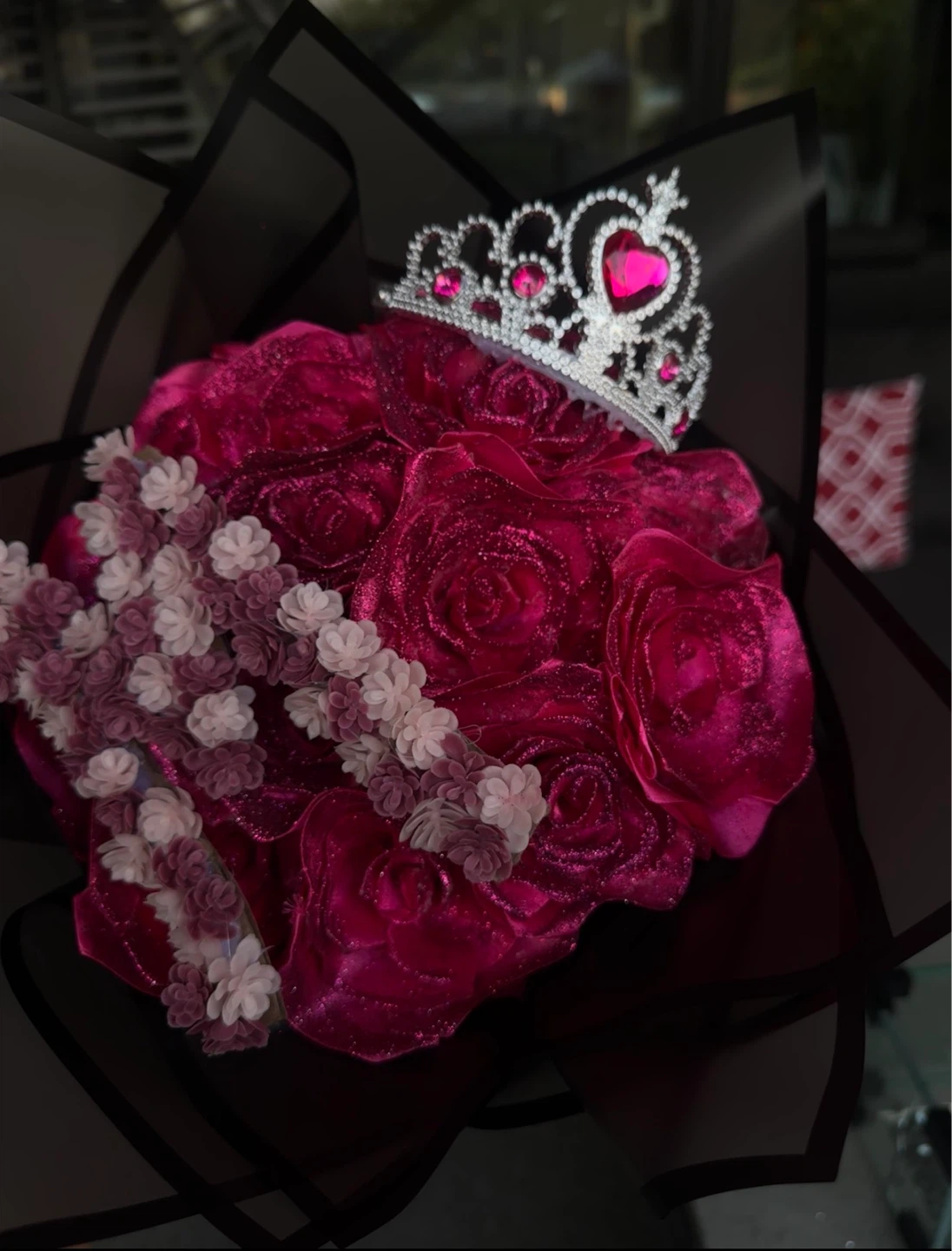 Sparkly Pink Rose Bouquet with Tiara