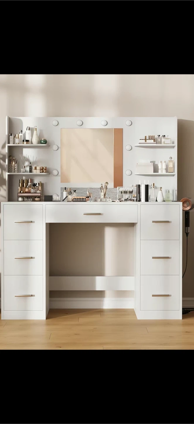 White Vanity Desk with Lighted Mirror and Drawers