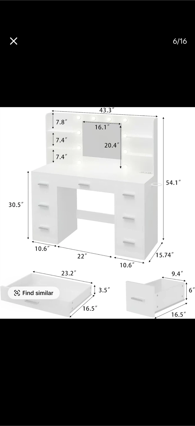 White Vanity Desk with Lighted Mirror and Drawers - photo 2