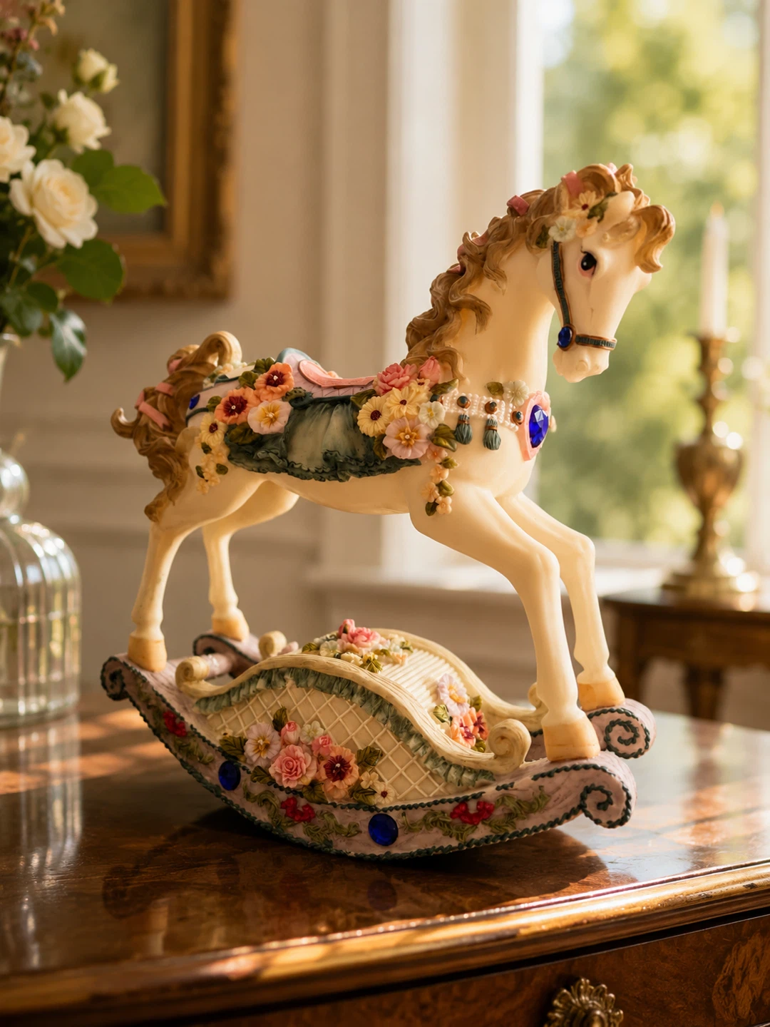 Decorative Rocking Horse Figurine with Flowers