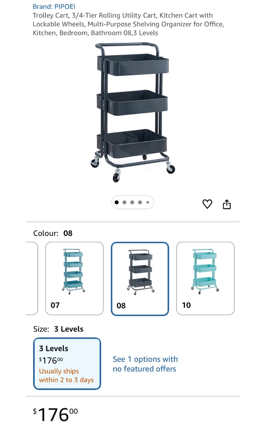 PIPOEI 3 Tier Rolling Utility Cart in Dark Grey - photo 2