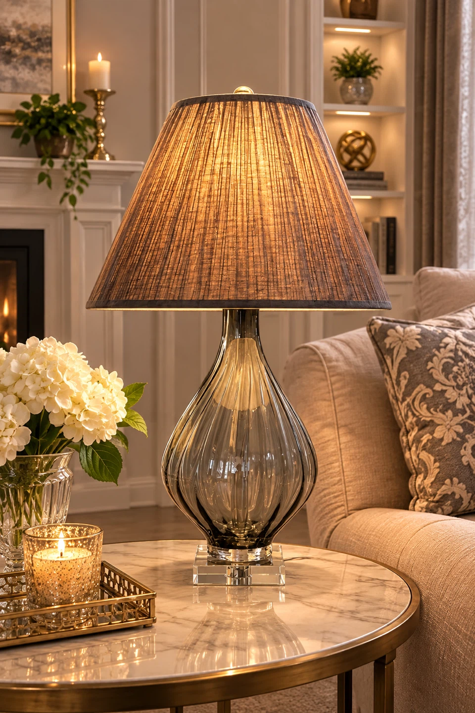 Glass Table Lamp with Pleated Shade