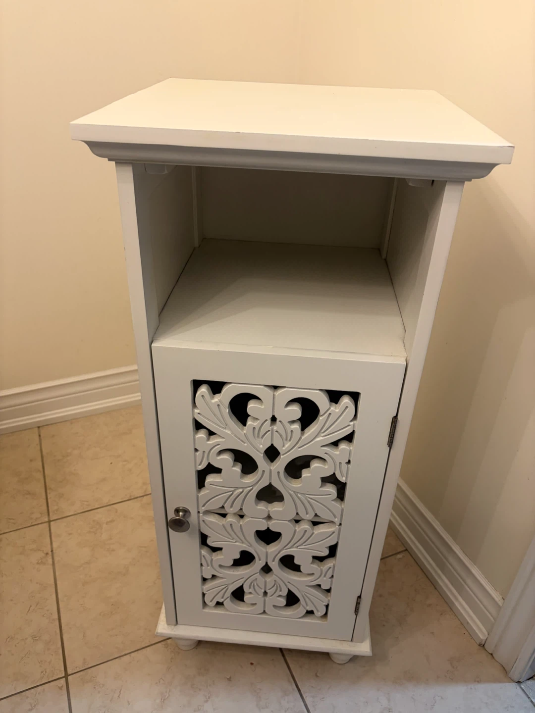 White Storage Cabinet with Decorative Door