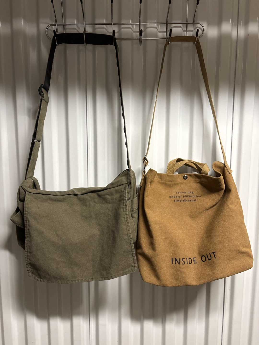 Canvas Messenger Bag & Tote Bag - Khaki & Brown