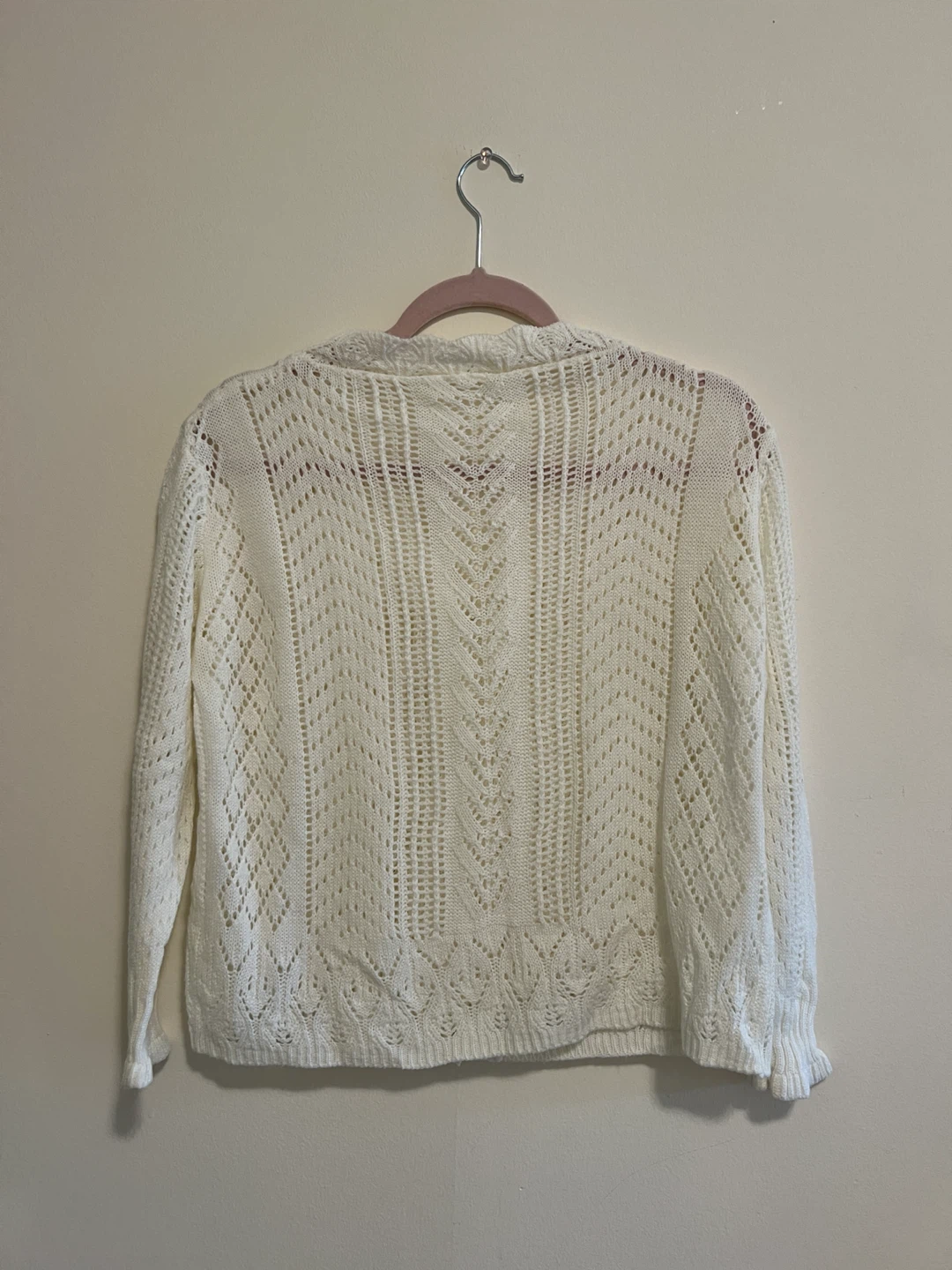 White pointelle knit cardigan with pearl buttons - photo 2